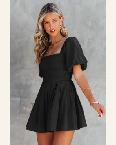 Jumpsuits Short Sleeve Black Square Neck Ruched Puff, view 3