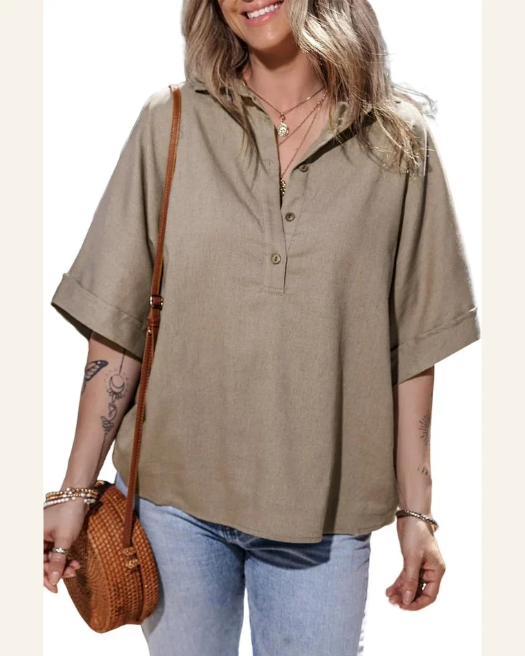 Short Sleeve T Shirt Casual Simply Taupe Collared by SELINK
