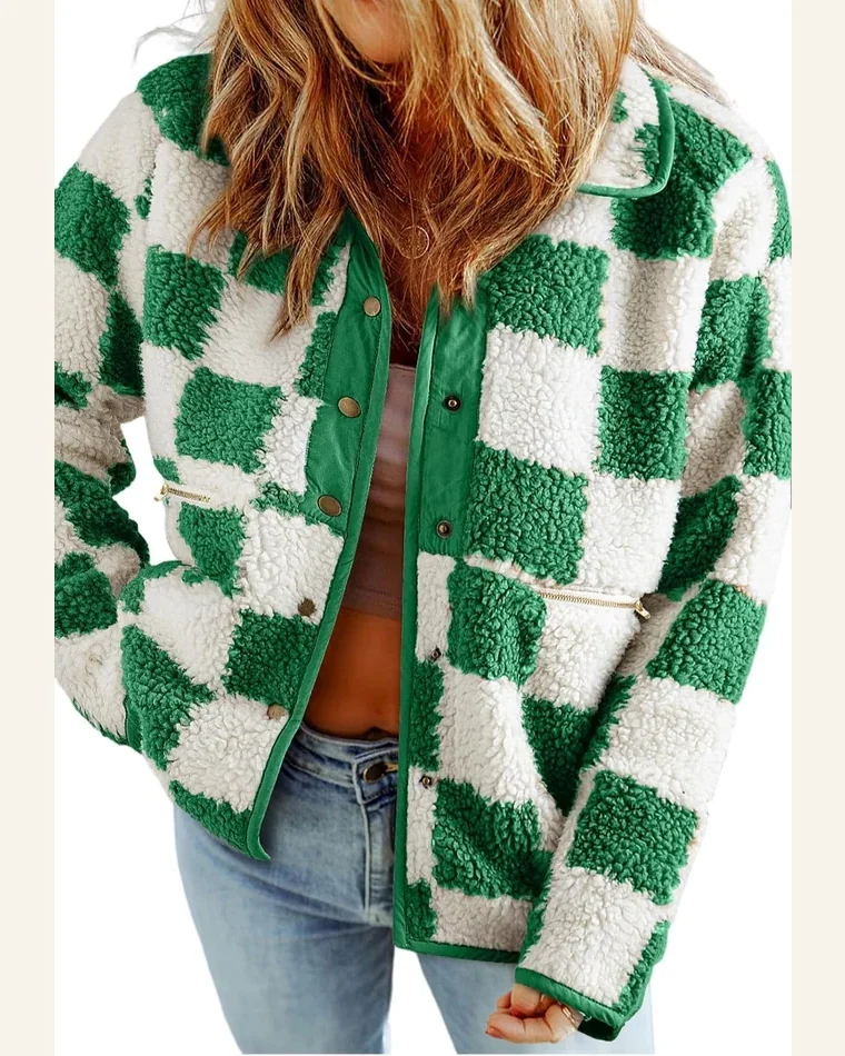 Shacket Jacket Casual Lapis Checked Snap Button Sherpa by SELINK