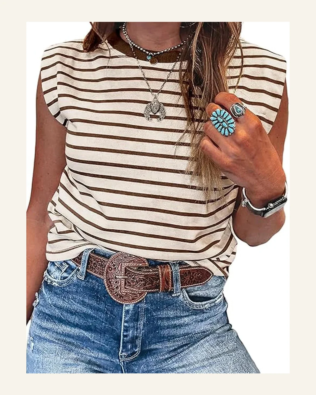 Tank Tops Casual Brown Stripe Ribbed Trim Loose by SELINK