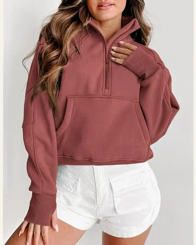 Half Zip Cropped Pullover Sweatshirts Long Sleeve Casual, view 3