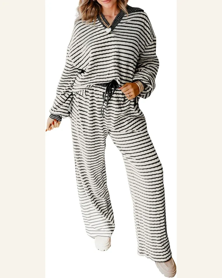 2 Piece Outfits Casual Stripe Collared Pullover Top by SELINK