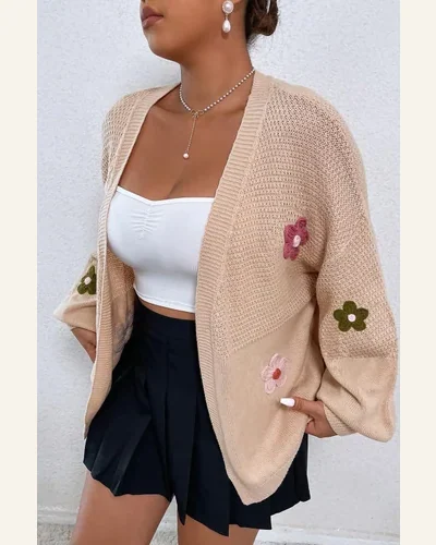 Cardigan Sweater Casual Smoke Gray Floral Applique Drop, view 3