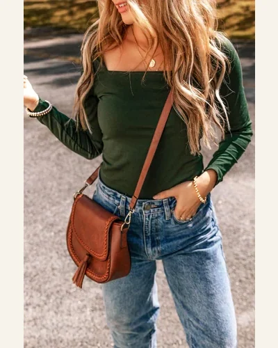 Bodysuit Casual Blackish Green Solid Color Square Neck, view 3
