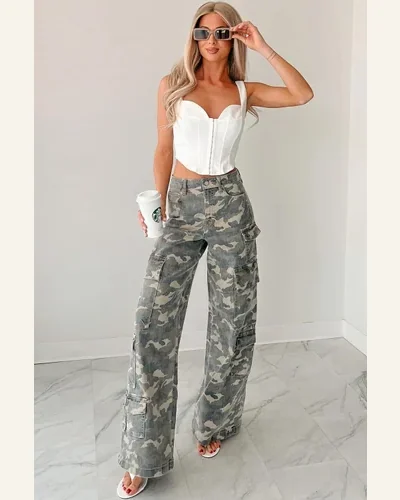 Casual High Waisted Jeans Cargo Wide Leg Loose, view 2
