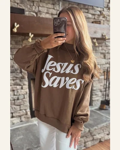 Jesus Saves Sweatshirt Stand Neck Baggy Pullover, view 3