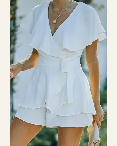 Jumpsuits Short Sleeve White Flounce Open Back Lace-up, view 2