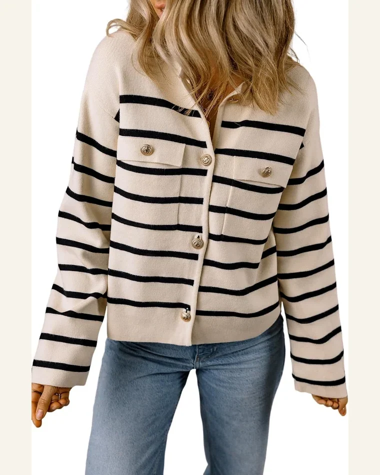 Cardigan Sweater Elegant Black Stripe Flap Pocket Buttoned by SELINK