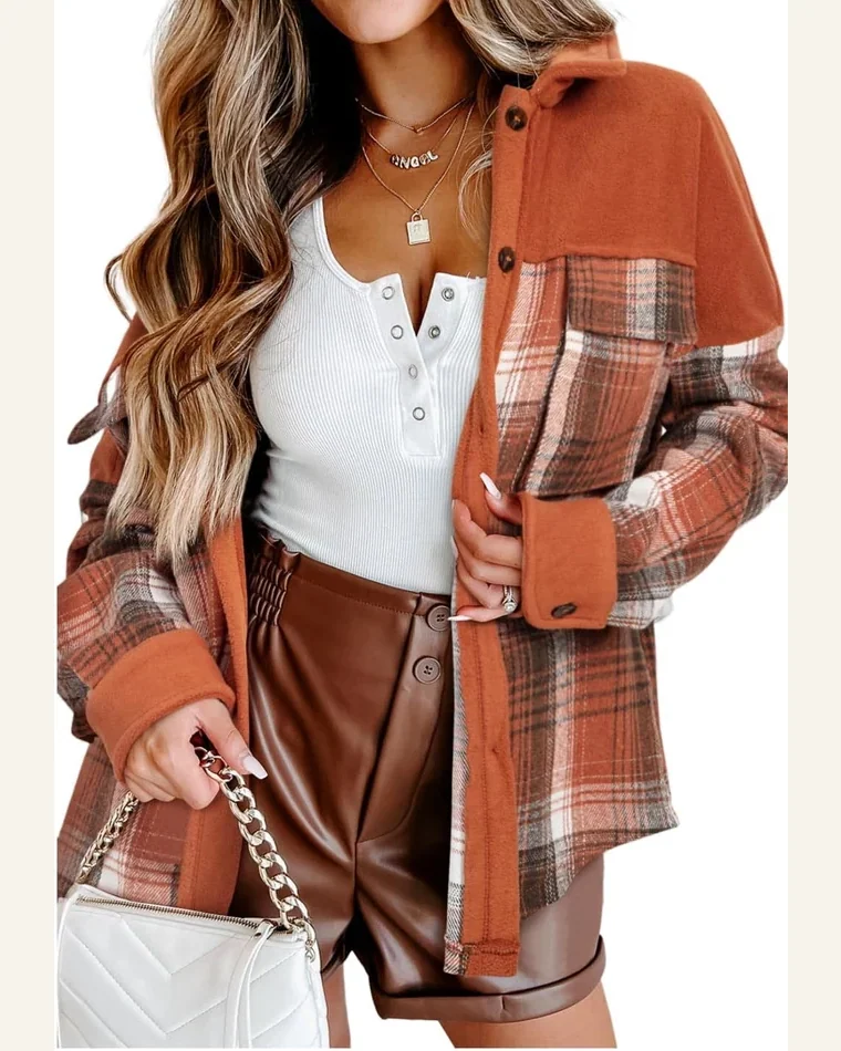 Shacket Jacket Casual Khaki Colorblock Plaid Pattern Flap by SELINK