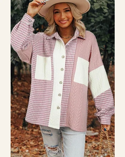 Shacket Jacket Casual Pink Houndstooth Color Contrast Textured, view 3