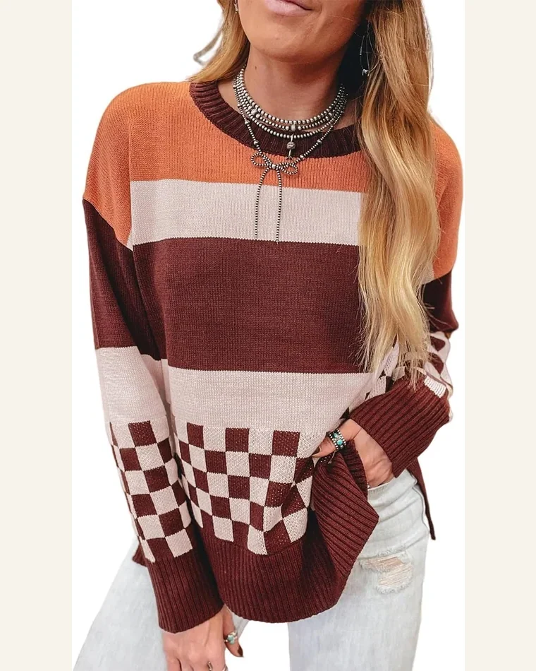 Brown Checkered Pullover Sweater Tops Color Block Knitted by SELINK