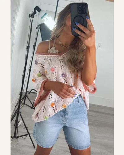Casual Delicacy Embroidered Flowers Pullover Sweater Tops Colorblock, view 3