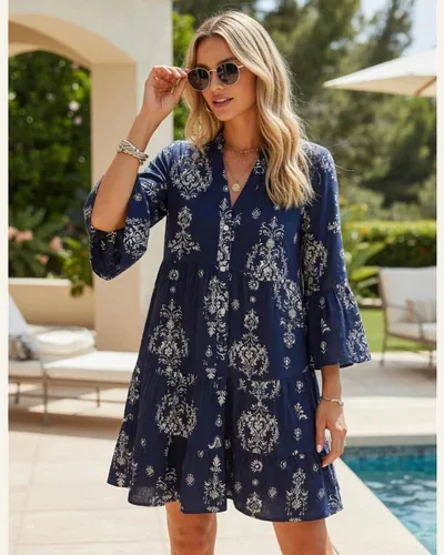 Long Sleeve Dresses Casual V Neck Tribal Mini, view 4