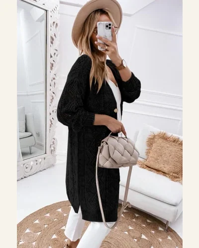Cardigan Sweater Casual Black Hollow-Out Openwork Knit Cardigan, view 2