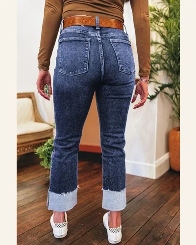 Western Real Teal Folded Cuffs Distressed Jeans, view 2