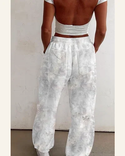 Casual Beige Camo Print Pants Baggy Drawstring Jogger, view 2