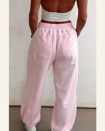Casual Drawstring Waist Pants Solid Patchwork Comfort Wide, view 2