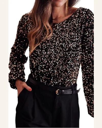 Bodysuit Elegant Black Deep V Back Sequin Puff, view 1