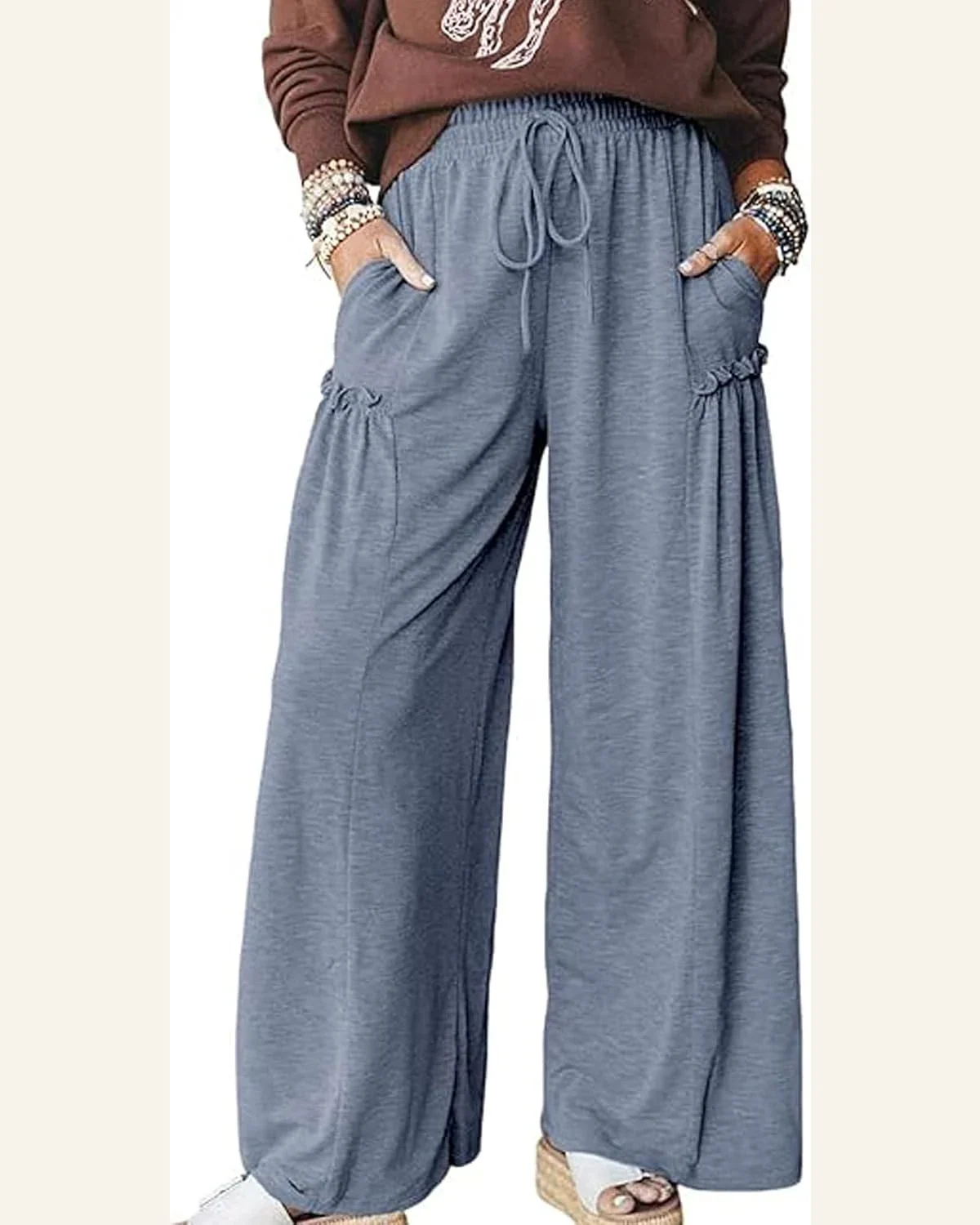 Casual Pants Frilled Detail Straight Wide Leg Elastic by SELINK