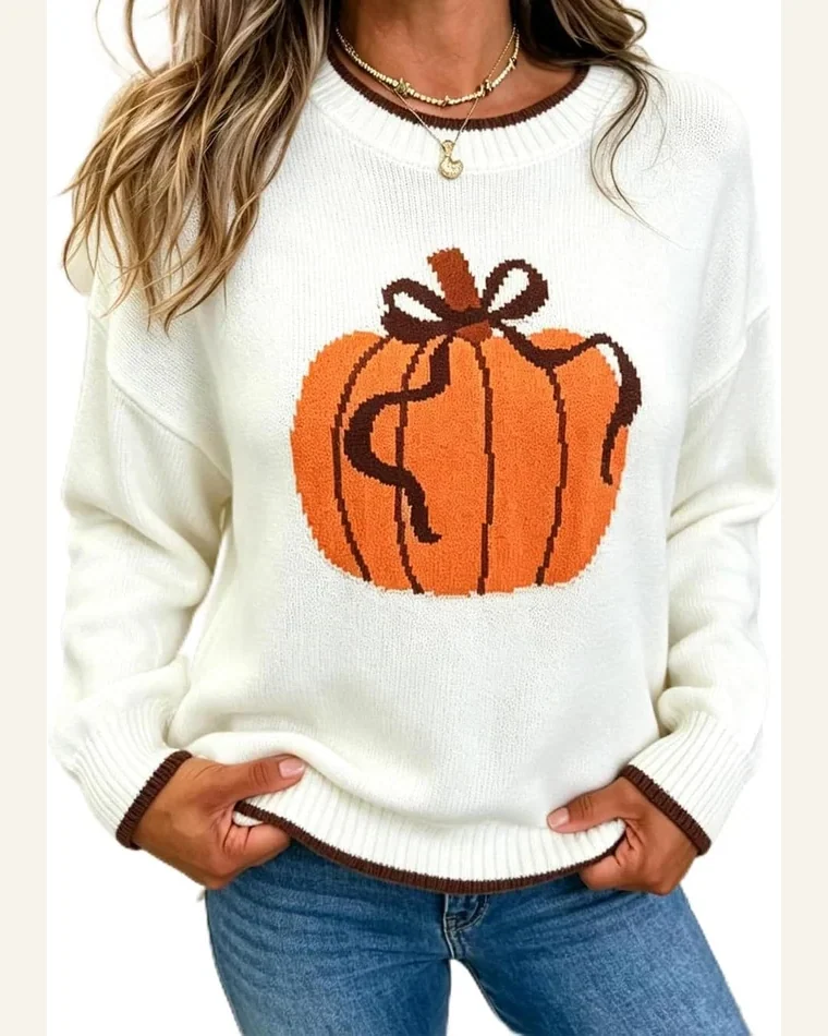 Casual Pumpkin Pattern Fall Pullover Sweater Chicory by SELINK