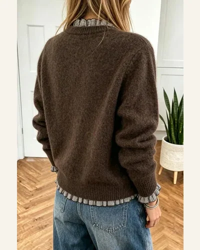 Casual Plaid Ruffle Trim Pullover Sweater Chicory, view 2