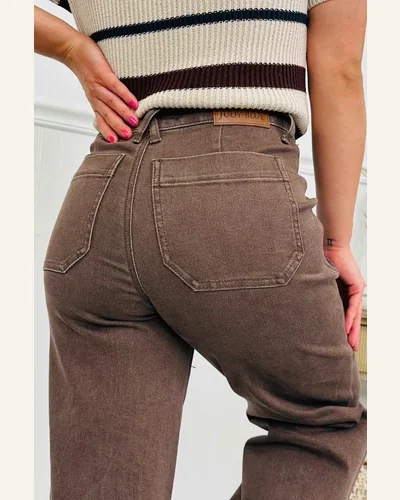 Casual Retro Dark Brown High Waisted Jeans Washed, view 2