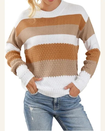 Pullover Sweater Tops Casual Chestnut Striped Cable Knit, view 1