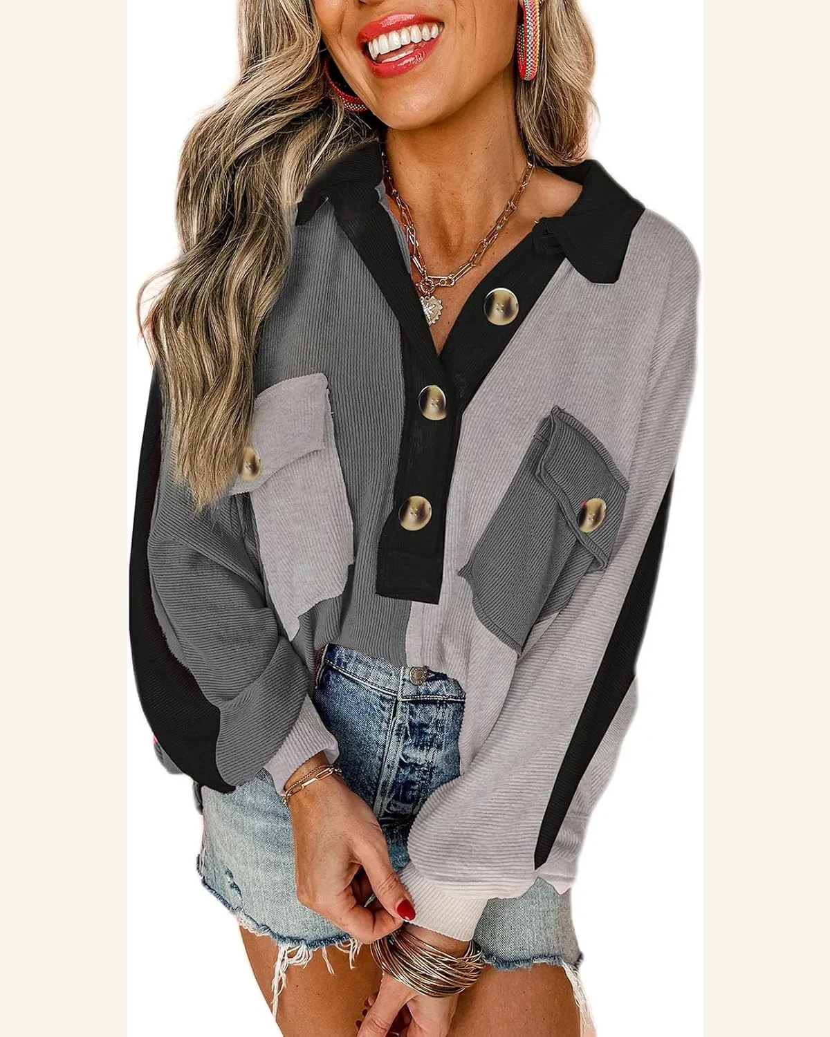 Oversized Sweatshirt Casual Long Sleeve Colorblock Ribbed Button by SELINK