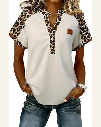 Leopard Patchwork Half Button Short Sleeve T-Shirt, view 1