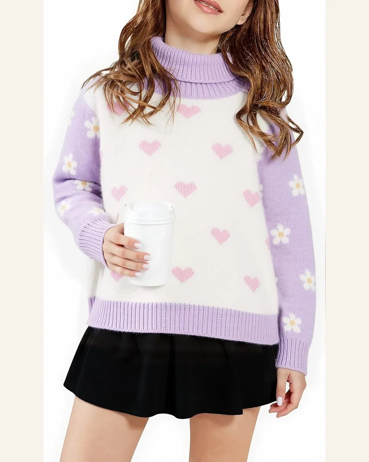 Girls Turtleneck Sweaters Heart Pattern Long Sleeve Knitted by SELINK