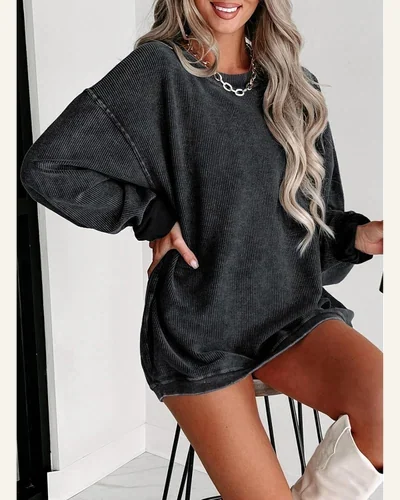 Crewneck Oversized Corduroy Corded Sweatshirt Casual Pullover, view 3