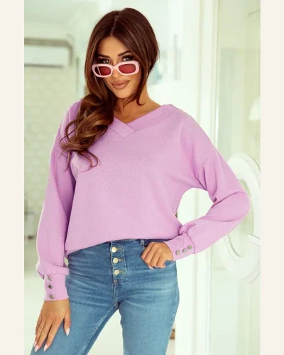 Pullover Sweater Tops Casual Purple Knitted V Neck, view 2