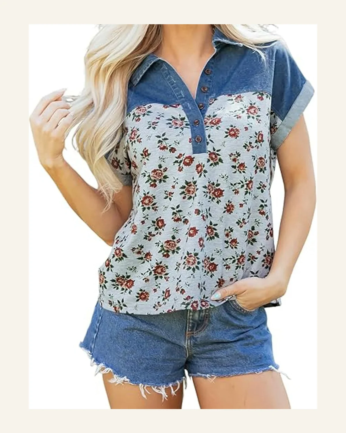 Retro Floral Print Denim Patchwork Polo T-Shirt by SELINK