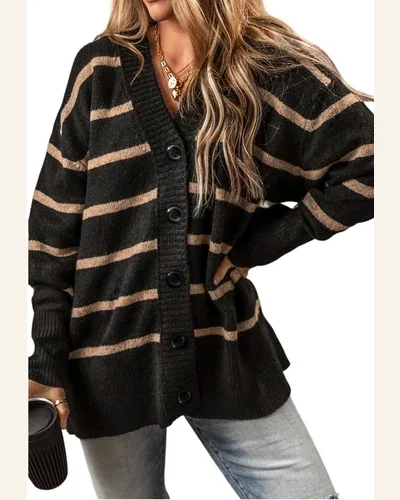 Cardigan Sweater Casual Black Stripe Buttoned V Neck, view 1