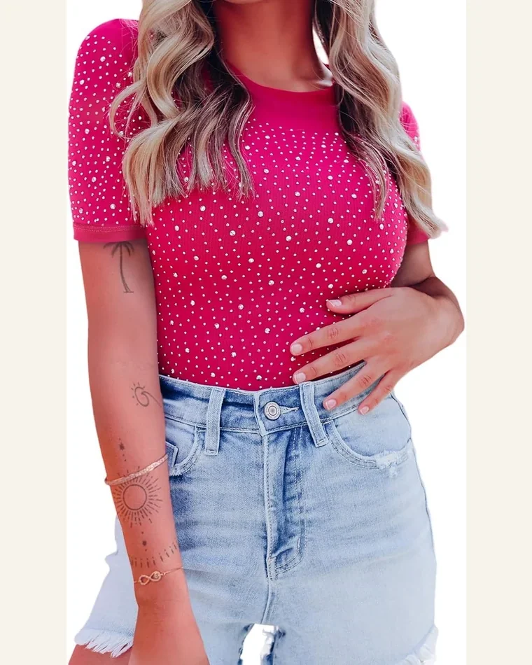 Bodysuit Casual Rose Rhinestone Allover Round Neck Short by SELINK
