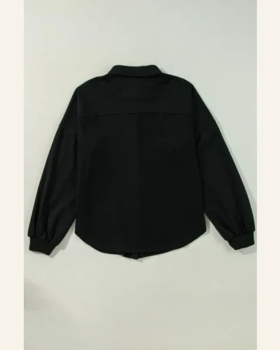 Shacket Jacket Casual Black Waffle Knit Patchwork Buttoned, view 4