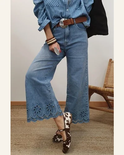 Casual High Waisted Jeans Embroidered Cropped Wide Leg, view 3