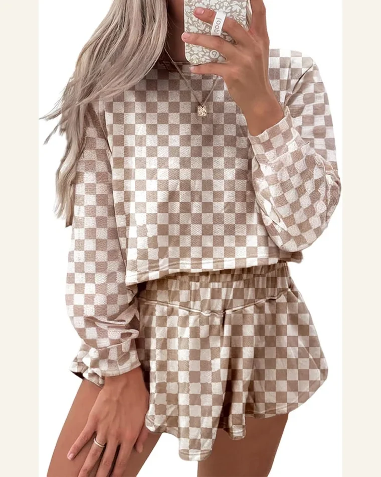 Casual Khaki Checkered Long Sleeve 2 Piece Outfits Set by SELINK