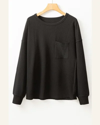 Tunic Tops Casual Black Solid Color Corded Drop, view 4