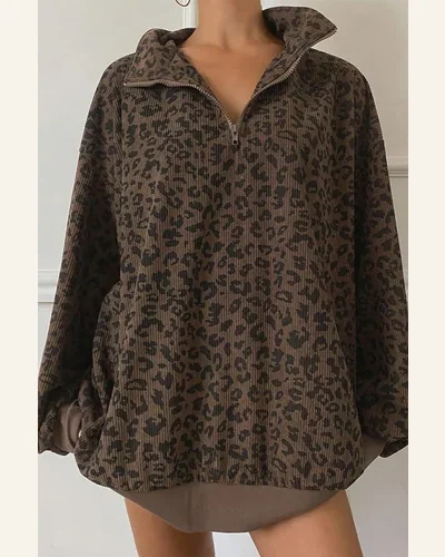 Casual Brown Leopard Print Sweatshirts Quarter Zip Corduroy, view 2
