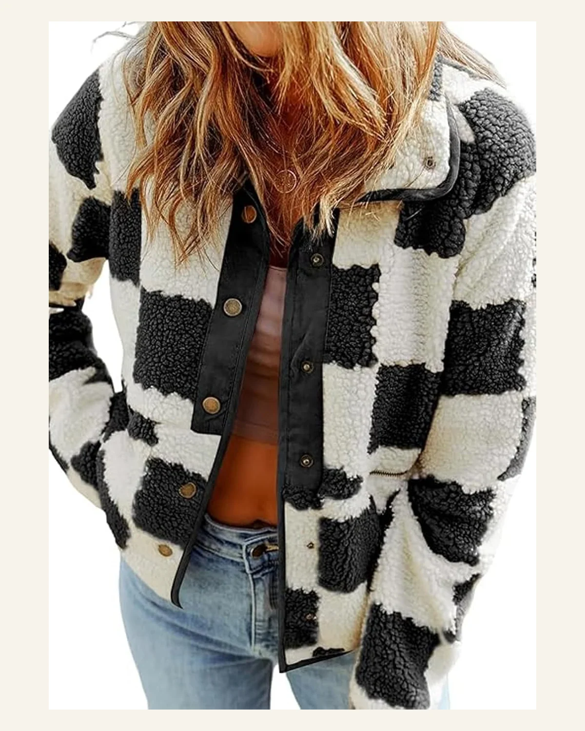Casual Black Checkerboard Shacket Jacket Snap Button Boucle by SELINK