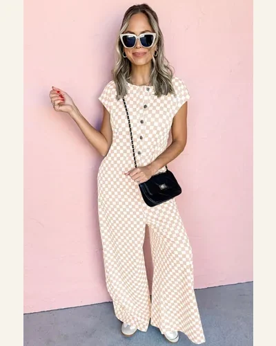 Casual Checkered Buttoned Crew Neck Wide Leg Jumpsuit, view 3