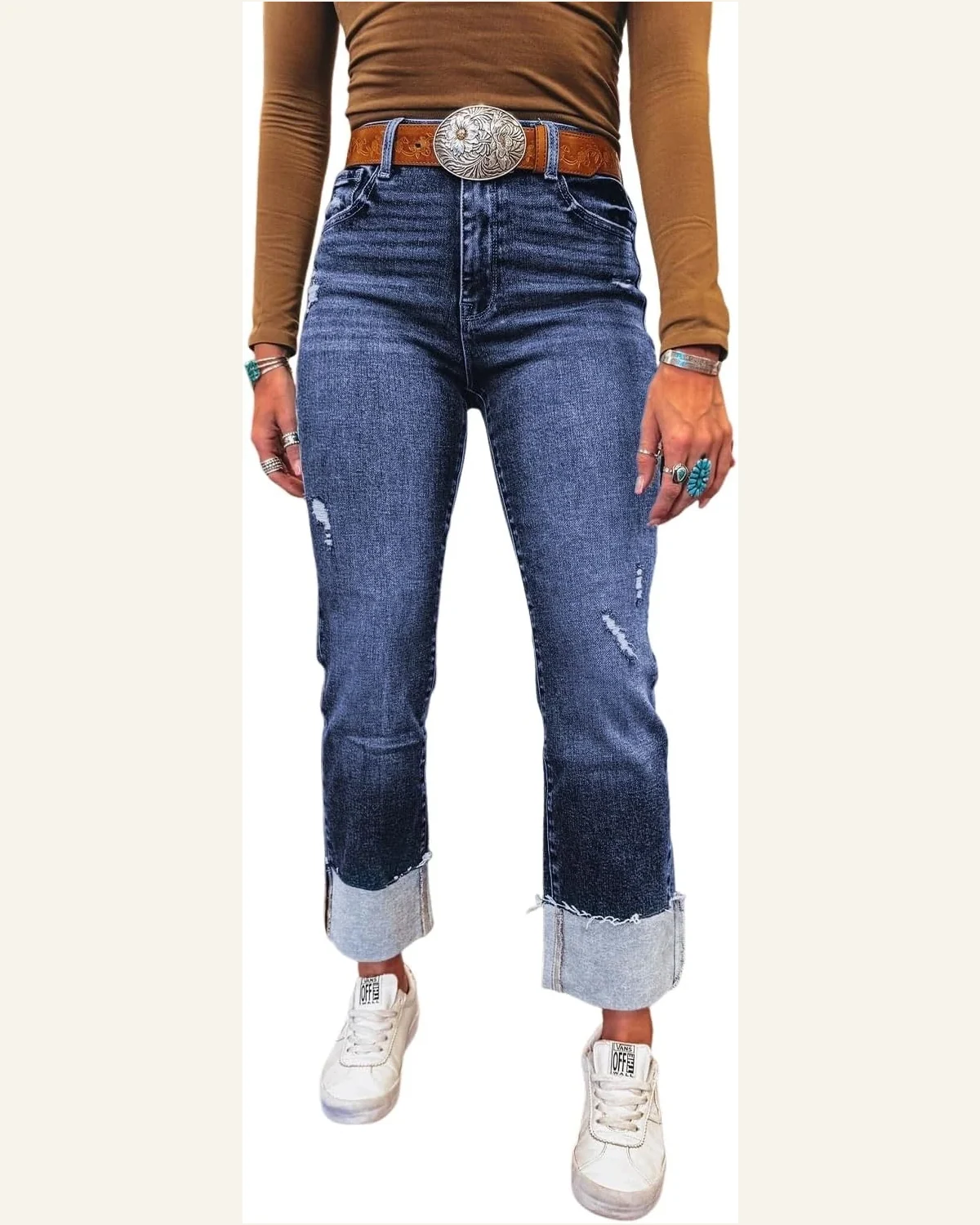 Western Real Teal Folded Cuffs Distressed Jeans by SELINK