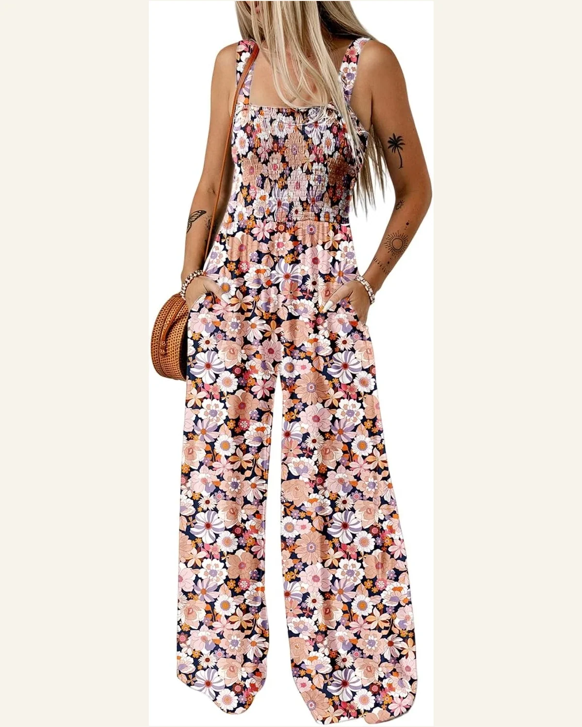 Casual Smocked High Waist Square Neck Jumpsuit Sleeveless by SELINK