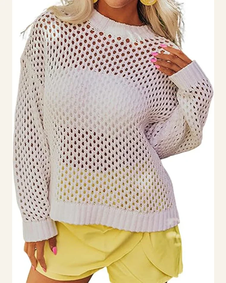 Casual Pullover Sweater Tops White Solid Color Open by SELINK