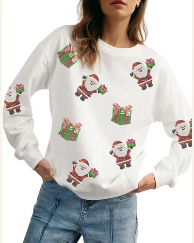 Crewneck Pullover Sweatshirt Tree Claus Candy Long Sleeve, view 3