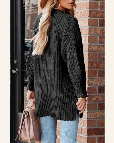 Cardigan Sweater Basic Black Buttoned Front Drop Shoulder, view 2