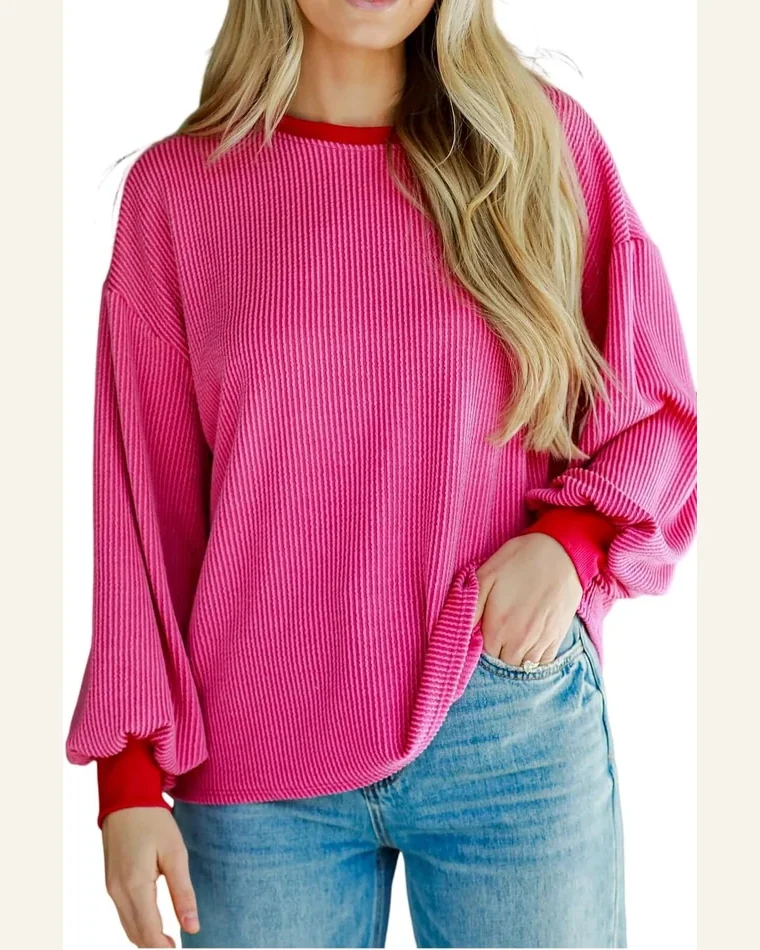 Tunic Tops Casual Bright Pink Corded Contrast Edge by SELINK