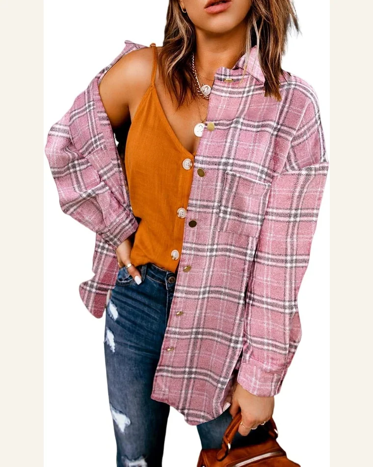 Shacket Jacket Casual Pink Plaid Pattern Buttoned Shirt by SELINK