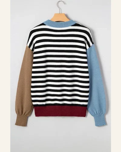 Casual Striped Panels Colorblock Sweater Long Sleeve Round, view 4